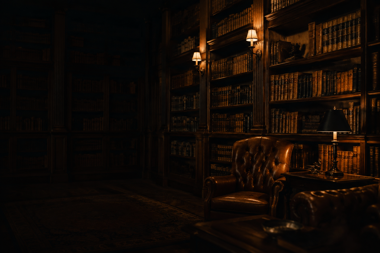 Biblioteca de madera oscura iluminada por lámparas de luz ámbar